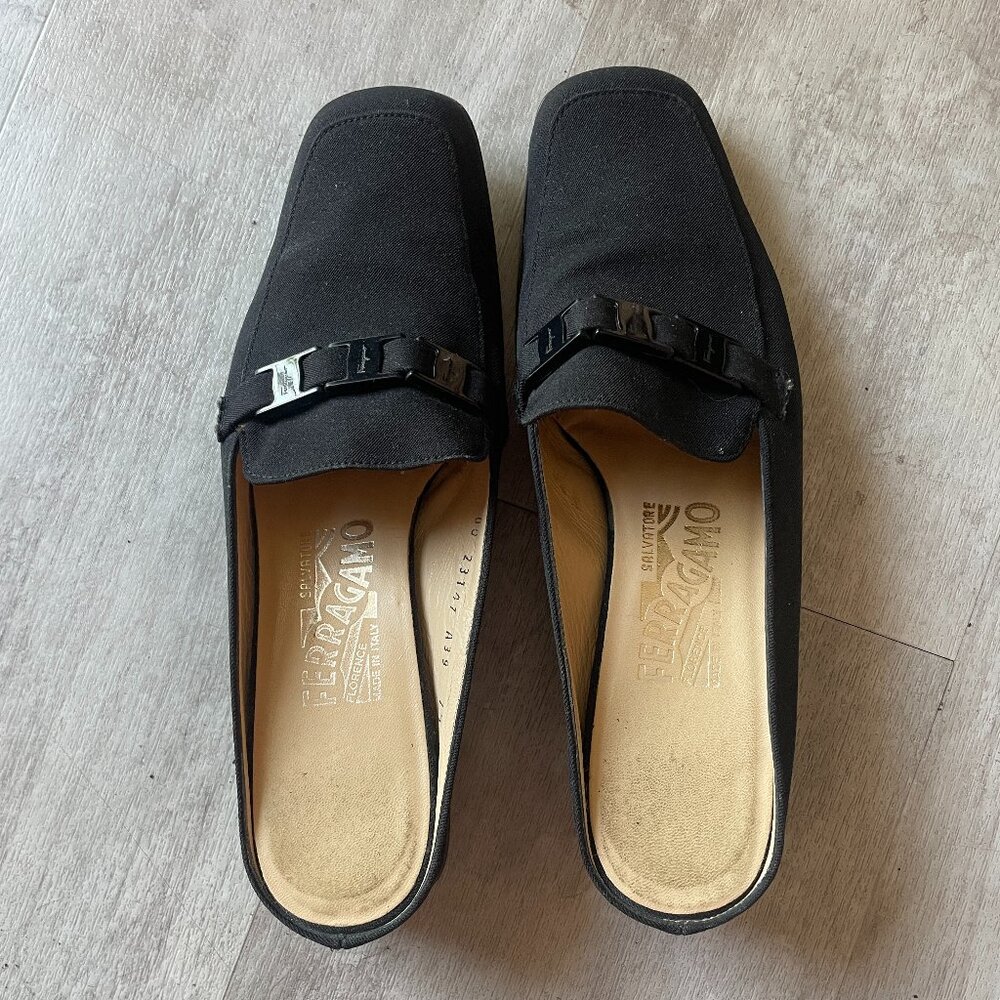 Salvatore Ferragamo Black Satin Square Toe Mule with black buckles